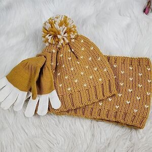Toby Knit Mustard Yellow Stocking Cap, Gloves and Cowl neck Scarf Set